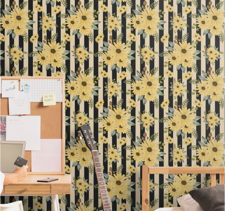črtast sončnični vzorec cvetlični ornamentalni zidni papir - TenStickers