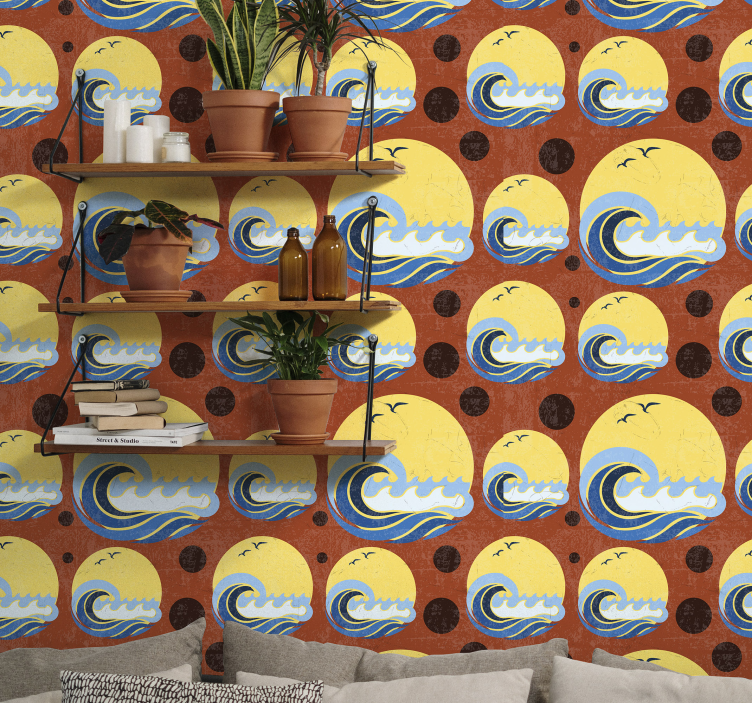 Sonce, plaža in val geometrijske oblike tapeta - TenStickers