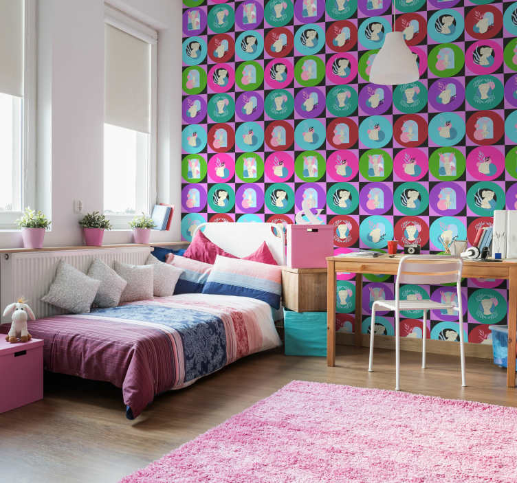 Vaporwave umetniška tapeta s krogi in kipi - TenStickers